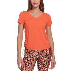 Dkny Sport Women's Solid V-Neck Short-Sleeve Tech Top Shirt, Hot Coral, XS New